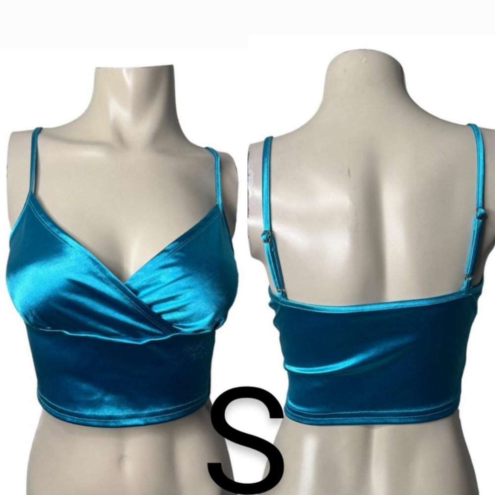 🆕Satin Silky Aqua Blue Low Cut Cami Crop Top~Size S